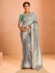 Fascinating Grey Zari Weaving Silk Traditional Saree With Blouse