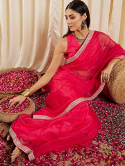 Magenta Embroidered Detail Organza Saree