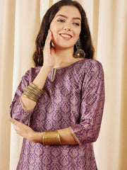 Mauve Ethnic Motifs Printed Regular Brocade Kurta with Trousers