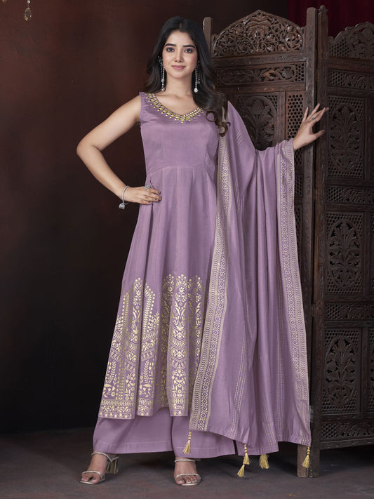 Lavender Designer Foil Print Kurti Set with Mirror Work