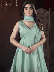 Foil Print Kurti Set with Mirror Work In Pista Green