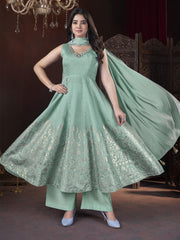 Foil Print Kurti Set with Mirror Work In Pista Green