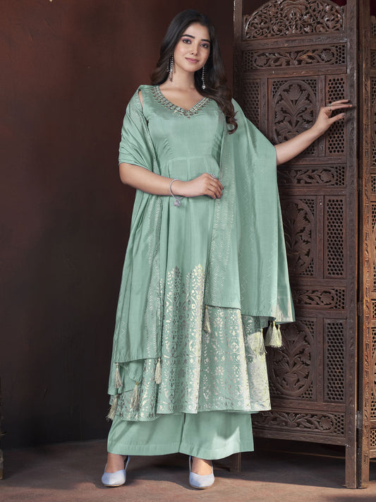 Foil Print Kurti Set with Mirror Work In Pista Green