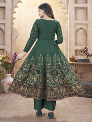 Green Silk Foil Print Kurti Set with Mirror Work