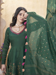 Green Silk Foil Print Kurti Set with Mirror Work