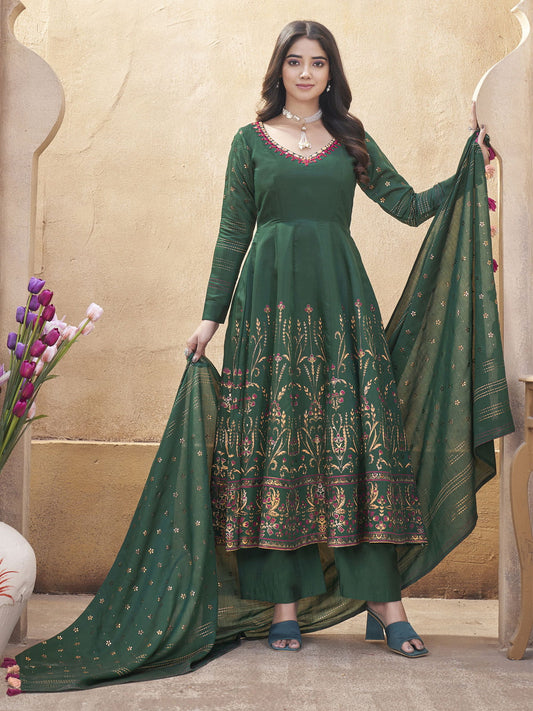 Green Silk Foil Print Kurti Set with Mirror Work