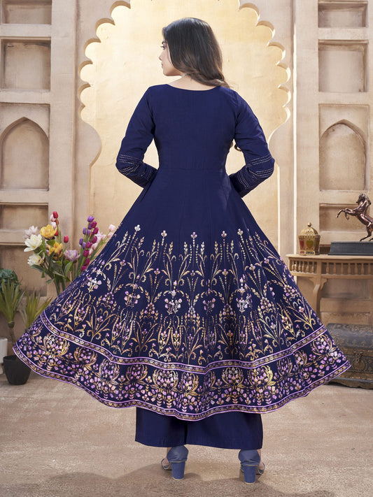 Navy Blue Silk Foil Print Kurti Set with Mirror Work