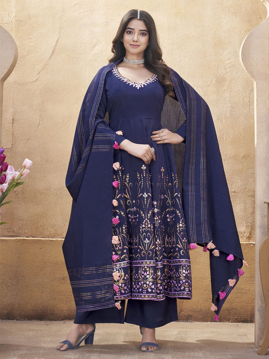 Navy Blue Silk Foil Print Kurti Set with Mirror Work