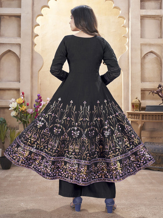 Black Silk Foil Print Kurti Set with Mirror Work