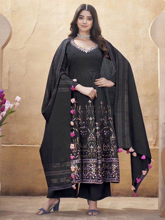 Black Silk Foil Print Kurti Set with Mirror Work