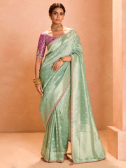 Stunning Sea Green Zari Weaving Silk Traditional Saree With Blouse