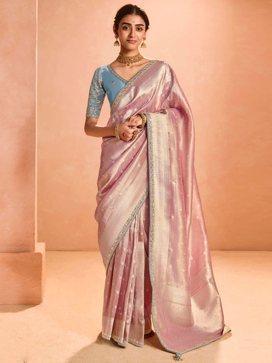 Spectacular Pink Zari Weaving Silk Festival Wear Saree With Blouse