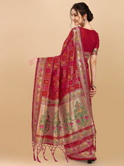 Red & Gold-Toned Woven Design Silk Blend Patola Saree