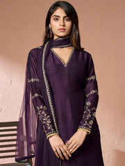 Floral Embroidered Thread Work Straight Kurta With Palazzos & Dupatta