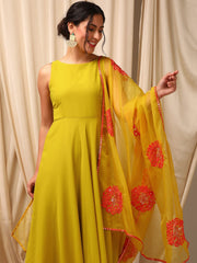 Mustard Color Women Layered Thread Work Kurta with Trousers & With Dupatta