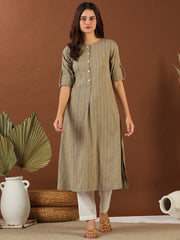 Beige Ethnic Woven Design Roll Up Sleeves Pleated Cotton A-Line Kurta