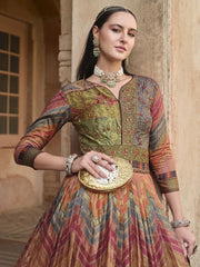 Multi Colour Silk Embroidered, Foil Print, Lace, Thread and Zari Work Gown for Ceremonial