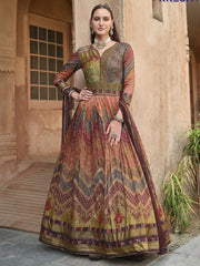 Multi Colour Silk Embroidered, Foil Print, Lace, Thread and Zari Work Gown for Ceremonial