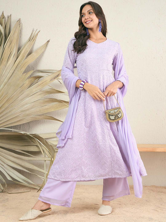 Women Lavender Floral Embroidered Regular Thread Work Kurta with Palazzos & With Dupatta