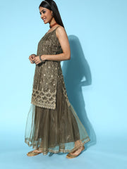 Women Green Striped Net Bling it On Kurta Set