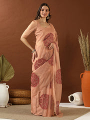 Peach Floral Embroidered Organza Saree