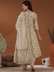 Beige Floral Printed Notched Neck Empire Gotta Patti A-Line Kurta Pants & Dupatta