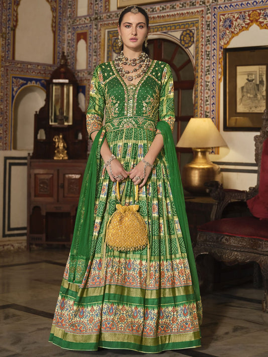 Green Silk Designer Gown with Embroidered, Foil Print, Mirror, Thread and Zari Work for Women