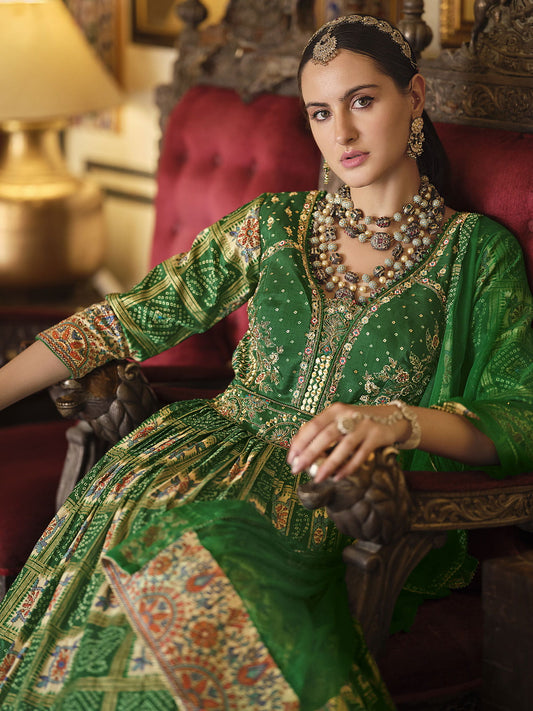 Green Silk Designer Gown with Embroidered, Foil Print, Mirror, Thread and Zari Work for Women