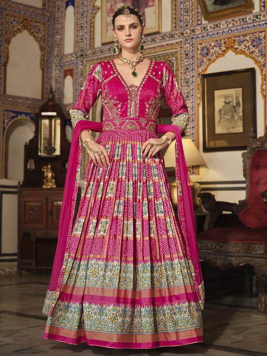 Rani Silk Embroidered, Foil Print, Mirror, Thread and Zari Work Gown for Women