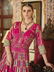 Rani Silk Embroidered, Foil Print, Mirror, Thread and Zari Work Gown for Women