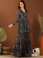 Navy Blue Floral Printed Pleated Gotta Patti Kurti With Sharara