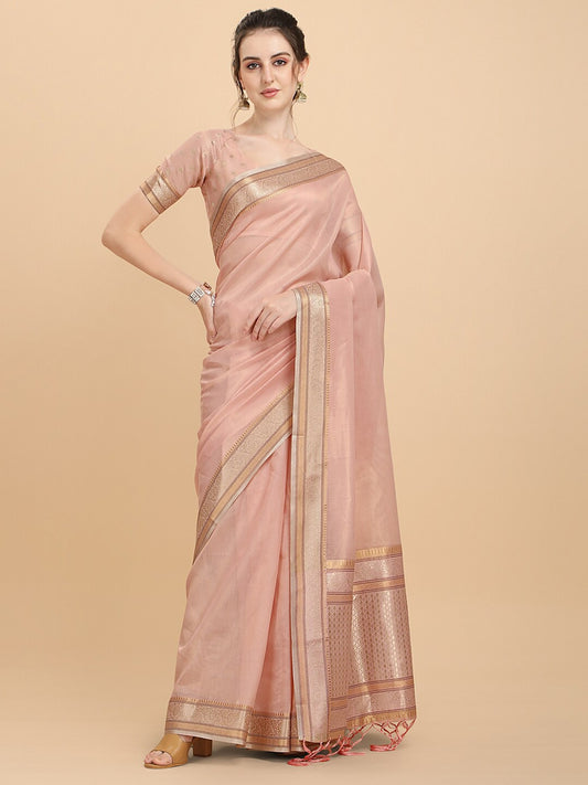 Women Peach Woven Design Organza Saree with Blouse Piece