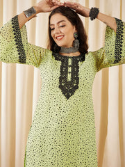 Women Green Printed Regular Thread Work Kurta with Palazzos