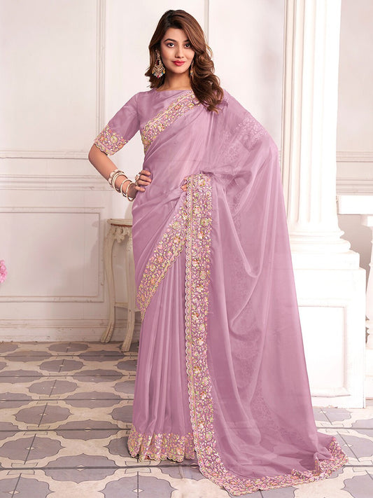 Mauve And Pink Sequinned Organza Saree