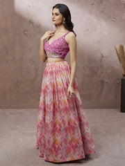 Pink Organza Floral Printed Semi-Stitched Lehenga choli & Dupatta