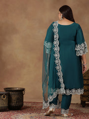 Plus Size Embroidered Thread Work Straight Kurta With Trousers & Dupatta