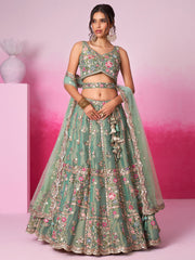 Sea green Bridel Net Moti, Sequins embroidery Semi-Stitched Bridel Lehenga choli and Dupatta