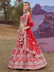 Red Pure silk Moti, Sequins embroidery Semi-Stitched Bridel Lehenga choli & Dupatta