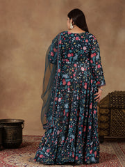 Plus Size Floral Printed Long Sleeves Georgette Anarkali Kurta With Dupatta