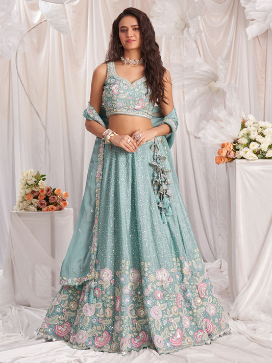 Sea green Pure Chiffon Sequins and thread embroidery Semi-Stitched Lehenga choli & Dupatta