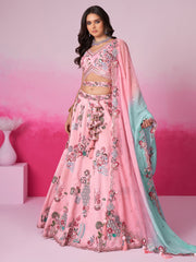 Pink Pure Silk Zarkan, Mirror and heavy Sequin embroidery Semi-Stitched Lehenga choli and Dupatta