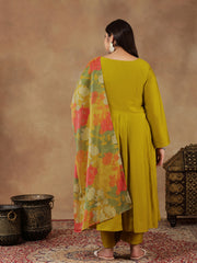 Round Neck Empire Anarkali Kurta With Trousers & Dupatta