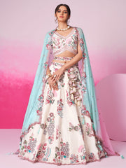 Cream Pure Silk Zarkan, Mirror and heavy Sequin embroidery Semi-Stitched Lehenga choli and Dupatta