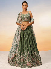 Olive Satin silk Sequins embroidery Semi-Stitched Lehenga choli & Dupatta