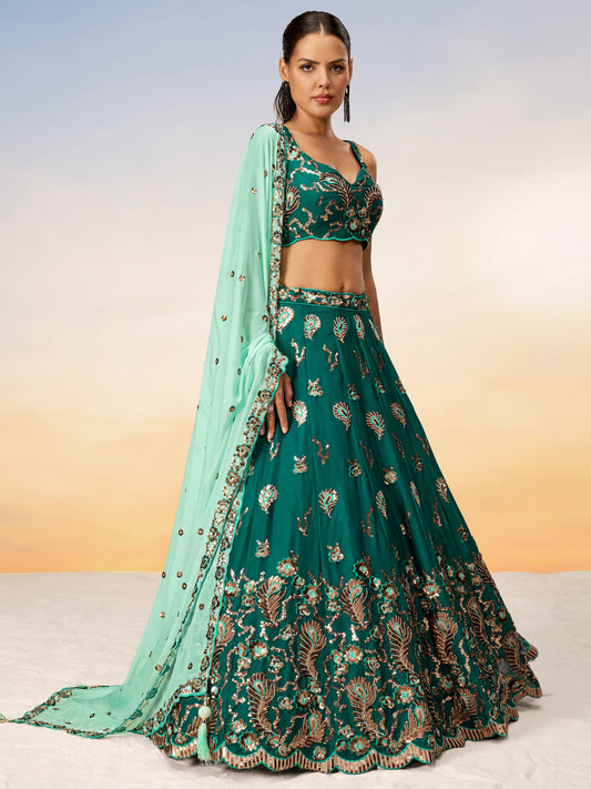 Green Pure Georgette with heavy Sequins embroidery Semi-Stitched Lehenga choli & Dupatta