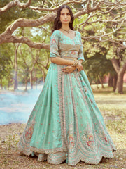 Seagreen Gold crushed Tissue Fabric Moti, Zari work Semi-Stitched Lehenga choli & Dupatta