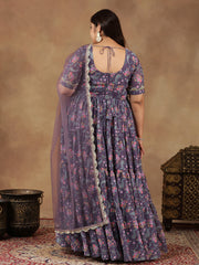 Plus Size Floral Printed Sweetheart Neck Tiered Anarkali Kurta With Dupatta