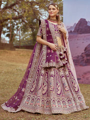 Purple Pure silk Moti, Coding embroidery Semi-Stitched Bridel Lehenga choli & Dupatta