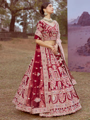 Maroon Pure silk Moti, Sequins embroidery Semi-Stitched Bridel Lehenga choli & Dupatta