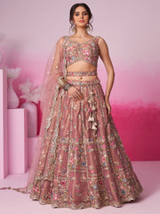 Rose gold Bridel Net Moti, Sequins embroidery Semi-Stitched Bridel Lehenga choli and Dupatta